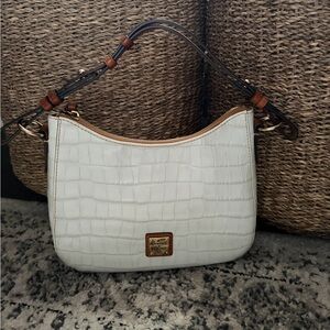 Dooney & Bourke White Croc-Embossed Shoulder Bag with Brown Trim